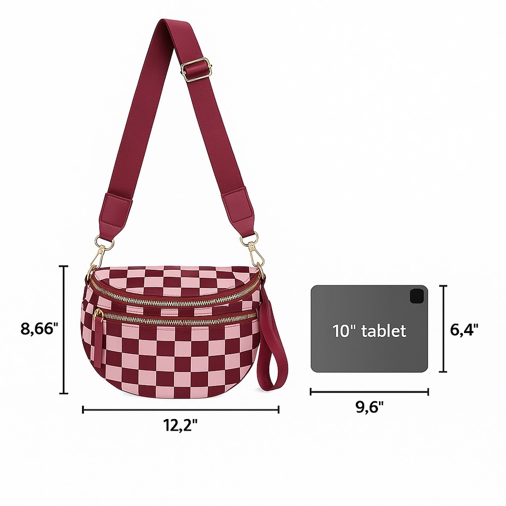 Checkered Crossbody Bum Bag — Maroon & Light Pink - Picture 3 of 8